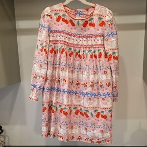 Mini Boden Pink Cherry Print Smocked Dress with Blue Accents